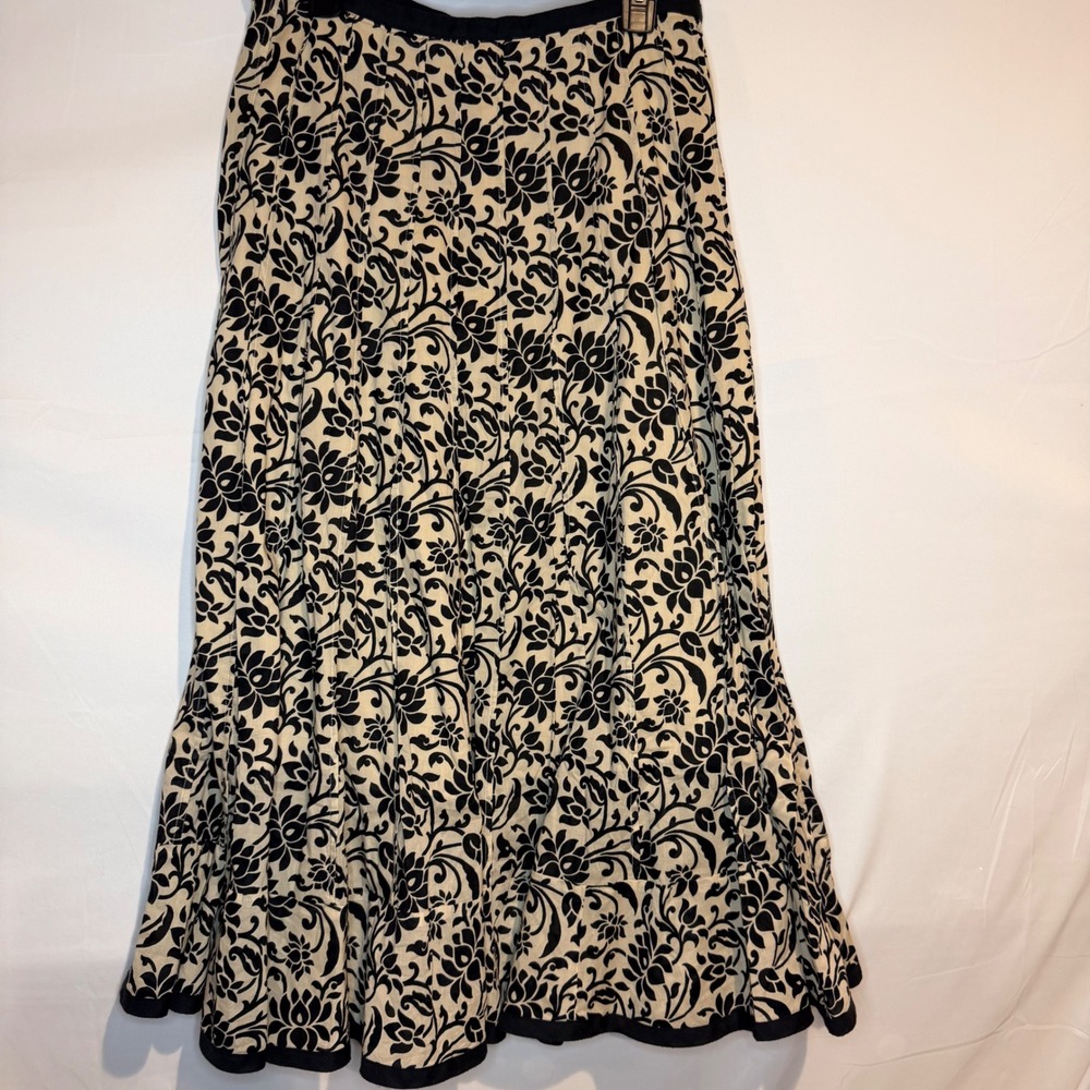 Lauren Ralph Lauren Black Cream Damask Floral Pleated Cotton Midi Skirt Size 10 - Picture 4 of 6